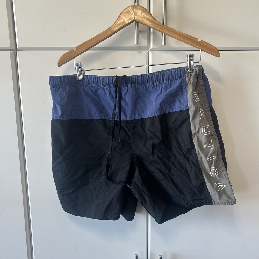 Nautica Mens Swim Trunks VDR 645 100 Blue Black Colorblock Logo Board Shorts M